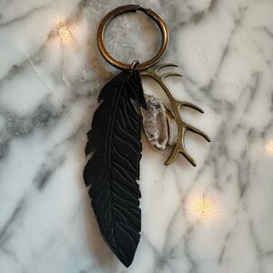 Black Leather Feather, Bronze Antler, and Gold Agate Keychain.